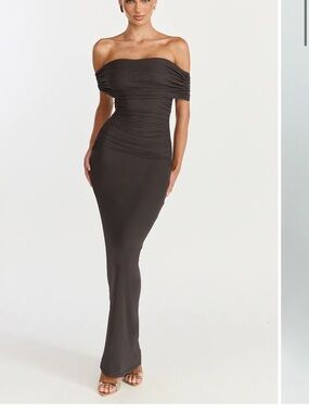 CATERINA MAXI - RUCHED OFF SHOULDER MESH DRESS IN CHOCOLATE